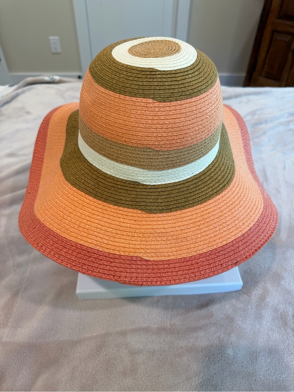 Talbots Striped Wide-Brim Straw Hat in Peach, Coral & Olive